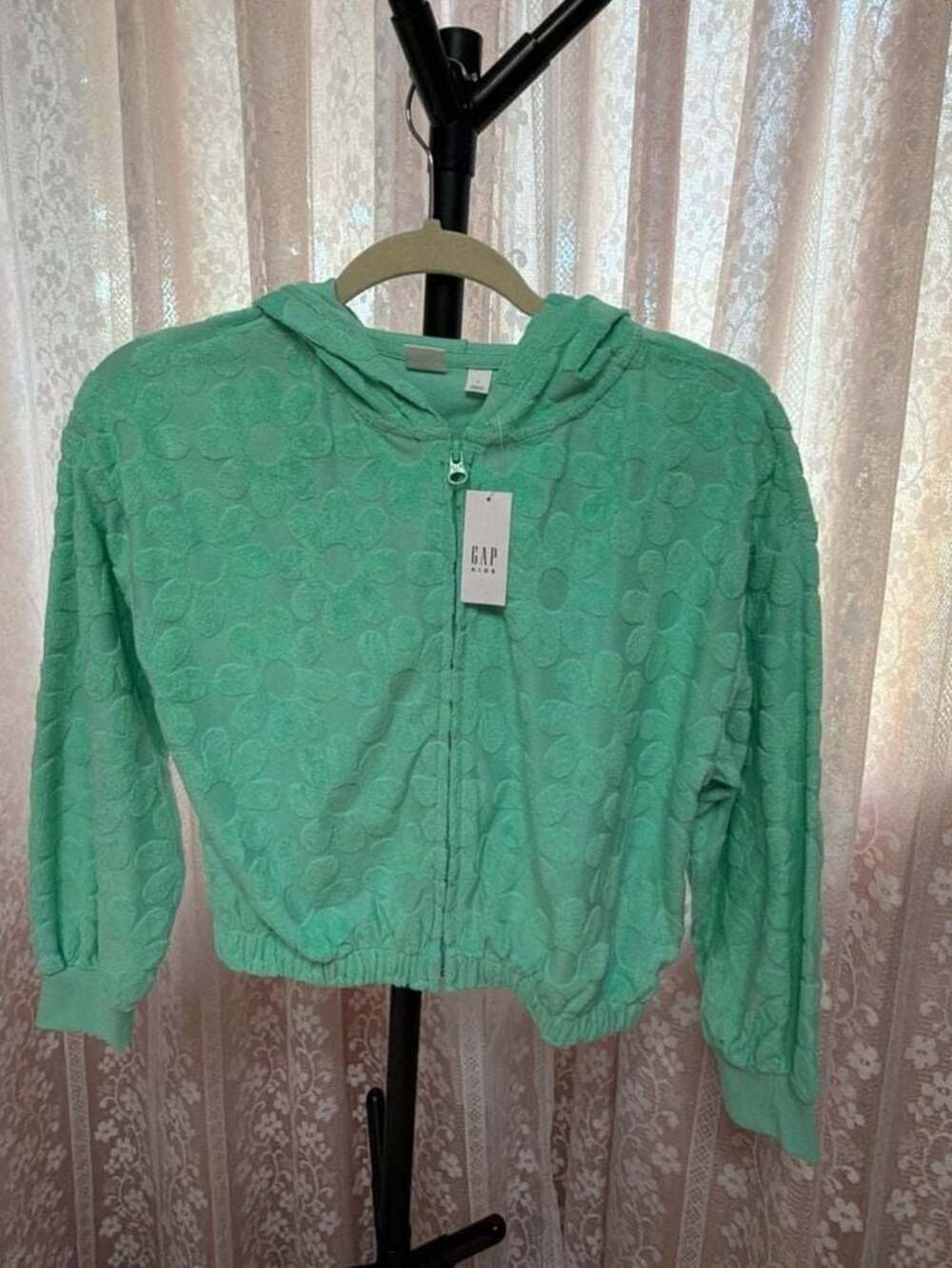 Gap Kids Floral Embossed Towel Terry Full Zip Cropped Hoodie